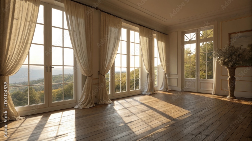Fototapeta premium Natural light streams through large windows adorned with flowing drapes casting soft shadows on the hardwood floor and enhancing the cozy ambiance of the space.