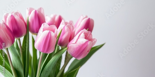 Vibrant pink tulips elegantly arranged in a vase against a pristine white background, showcasing the beauty of pink tulips in a stunning minimalist display. Perfect for floral enthusiasts and decor