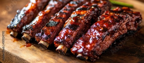 Delicious Grilled BBQ Ribs Glazed with Barbecue Sauce on Rustic Wooden Board photo