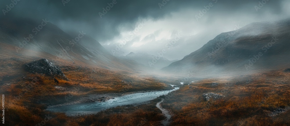Fototapeta premium Enchanted landscape of misty mountains and river ideal for hiking in overcast weather showcasing nature's serene beauty and allure