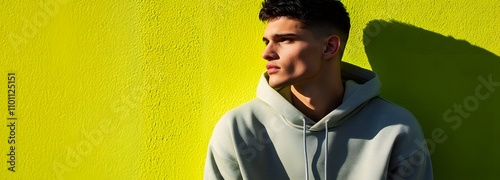 A young man with short hair, wearing a casual hoodie and joggers, casually leaning against a wall, with a bright lime green background. photo