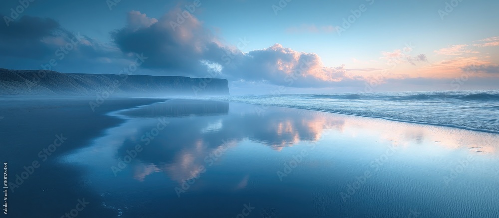 Fototapeta premium Tranquil coastal landscape at dawn with reflective waters and serene clouds creating a peaceful atmosphere and natural beauty.