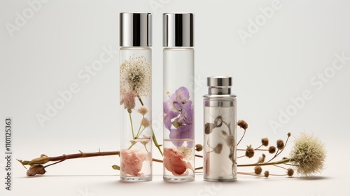 Elegant cosmetic glass bottles with dried floral elements showcasing natural beauty products on a minimalist background for wellness branding. photo