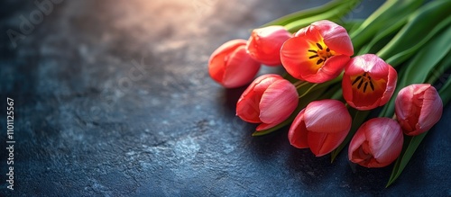 Colorful tulip flowers arranged on a dark stone table creating a vibrant and elegant floral display with copy space for text or branding. photo