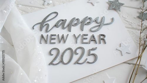 Happy New Year 2025 Silver Brush Lettering on White Background