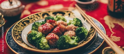 Dong Po Rou elegantly plated with vibrant broccoli a traditional festive dish in close-up on ornate table setting photo