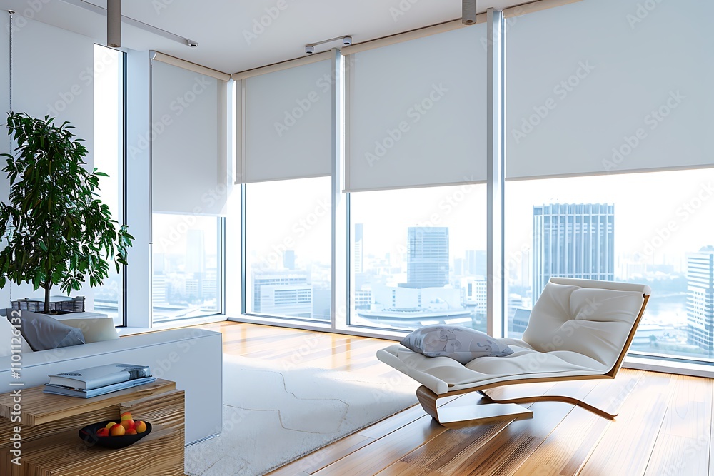 Fototapeta premium Interior of luxury living room with motorized roller blinds, solar shades and modern glass window