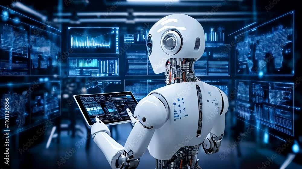 Robotic figure interacting with high-tech data systems in a futuristic control room setup Robotic figure interacting with high-tech data systems in a futuristic control room setup