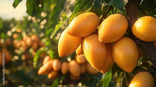 Golden ripe papaya hanging on tree branches in vibrant tropical orchard setting illustrating nature's bountiful harvest and agricultural beauty photo