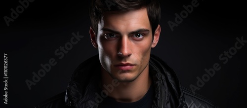 Contemplative young man in black jacket with serious expression on dark background exploring human emotions and feelings in portrait photography photo