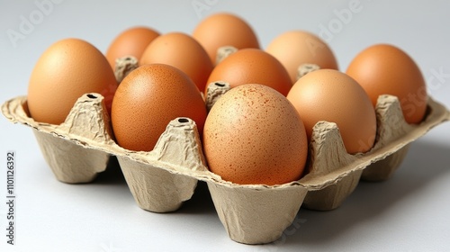 Fresh organic chicken eggs in eco-friendly recycled cardboard container on a white background showcasing sustainable packaging solutions. photo