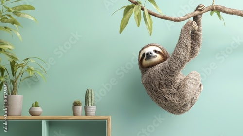 Playful Sloth Hanging from Tree Branch in Bright Interior Setting photo