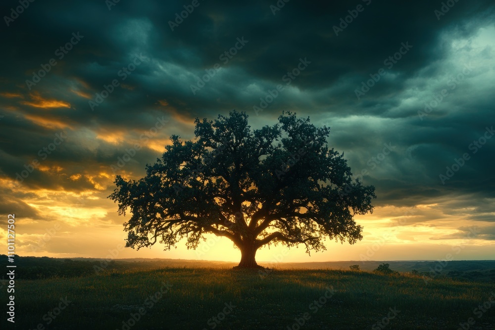 Obraz premium A lone tree stands tall against a dramatic sunset sky with stormy clouds.