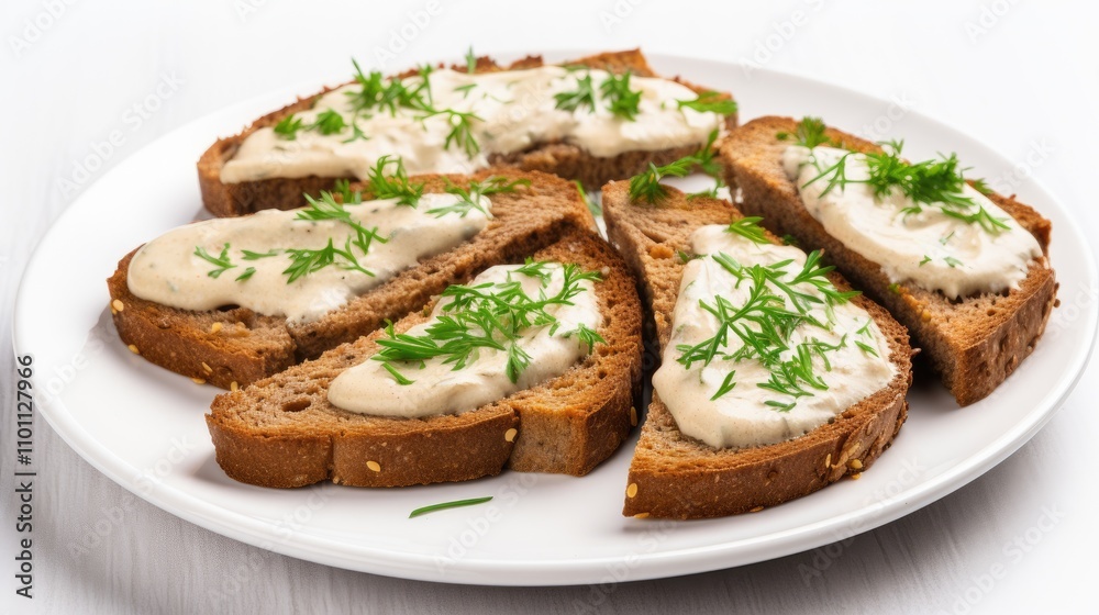 Brown bread toasts topped with creamy garlic sauce and fresh herbs on a white plate against a bright background Brown bread toasts topped with creamy garlic sauce and fresh herbs on a white plate against a bright background