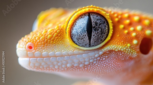 Close up of a wild type female Leopard gecko displaying vibrant colors and distinctive eye patterns against a neutral backdrop photo