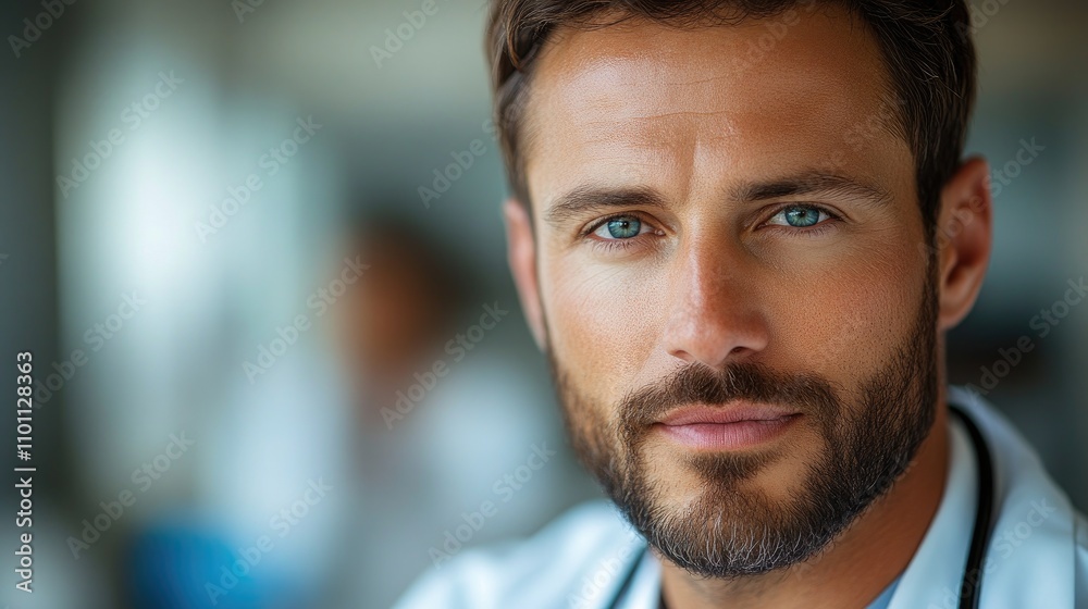 Naklejka premium Young male doctor with beard and blue eyes in a professional setting against a blurred background showcasing healthcare and professionalism.
