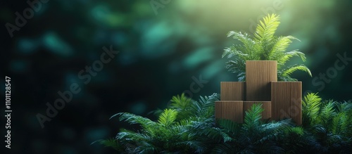 Wooden blocks in a lush green setting symbolizing branding positioning and eco-friendly concepts with a serene nature backdrop. photo