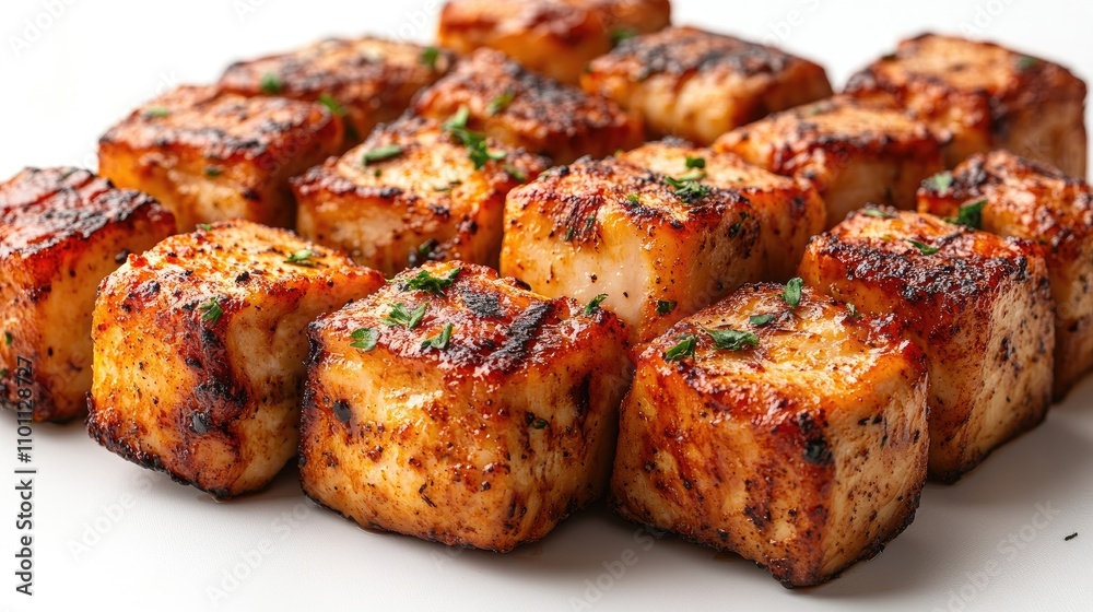 Cubes of perfectly roasted chicken seasoned with herbs presented on a clean white background ideal for culinary themed imagery. Cubes of perfectly roasted chicken seasoned with herbs presented on a clean white background ideal for culinary themed imagery.