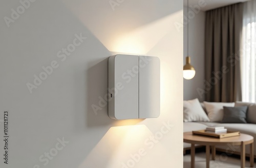 Elegant modern light switch mounted on white copy wall space in living room with minimalist aesthetic and modern interior design. Loft style apartment, close up  photo