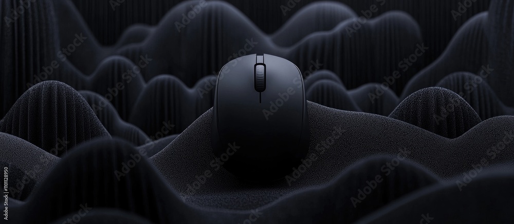 Obraz premium Modern black computer mouse positioned on textured surface, symbolizing innovation in technology and sleek design aesthetics.
