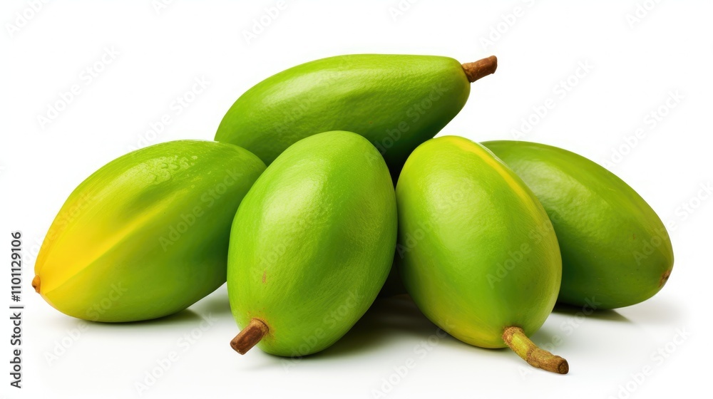 Obraz premium Fresh green mangoes arranged on a white background showcasing their vibrant color and natural texture ideal for food and health concepts