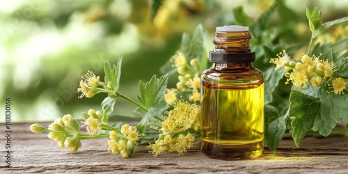 A bottle of essential oil accompanied by fresh blooming agrimony twigs, showcasing the beauty and benefits of agrimony in natural wellness and aromatherapy. Explore agrimony for soothing relaxation.