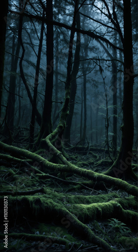 Dense dark forest background. Magical mystery night foggy forest