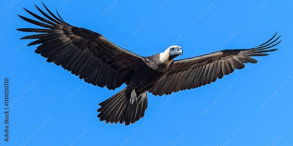Fototapeta premium Andean Condor soaring gracefully through a clear blue sky, showcasing the majestic beauty of the Andean Condor in its natural habitat. A stunning representation of the Andean Condor in flight.