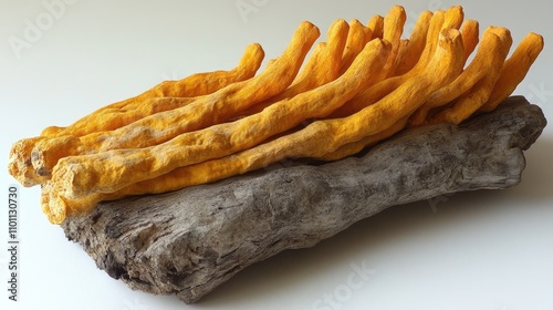 Cordyceps sinesis Yartsa Gunbu Yarsagumba herbal medicine on wooden display showcasing its vibrant orange color and unique shape photo