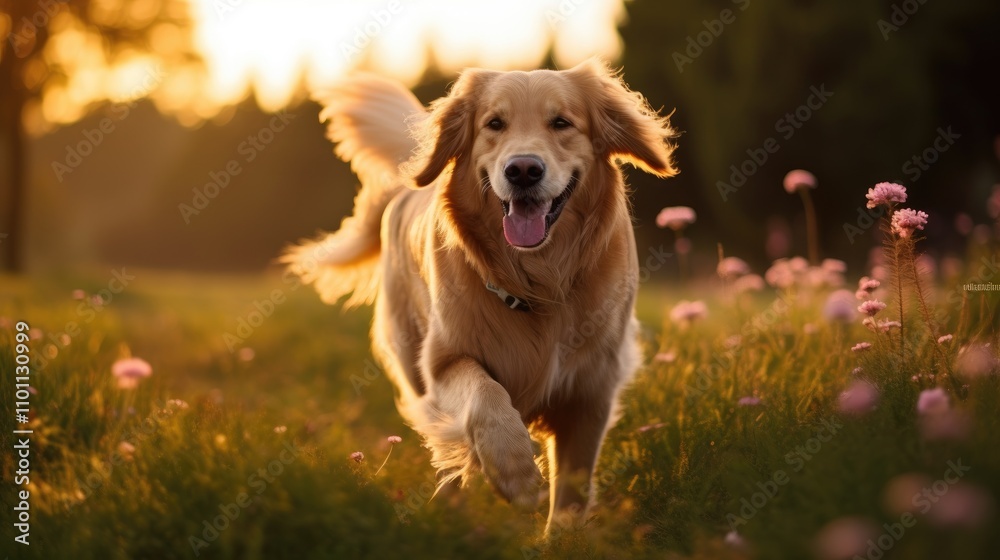 Golden Retriever joyfully running in a sunset park surrounded by flowers creating a serene and happy outdoor atmosphere. Golden Retriever joyfully running in a sunset park surrounded by flowers creating a serene and happy outdoor atmosphere.