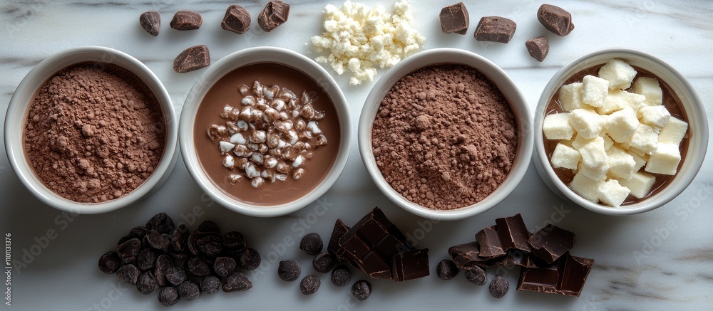 Assorted instant hot chocolate mix options with toppings on marble surface perfect for winter beverage marketing and recipe inspiration Assorted instant hot chocolate mix options with toppings on marble surface perfect for winter beverage marketing and recipe inspiration