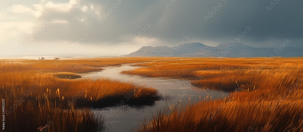 Golden Marshland Landscape with River and Mountains under Dramatic Cloudy Sky Golden Marshland Landscape with River and Mountains under Dramatic Cloudy Sky