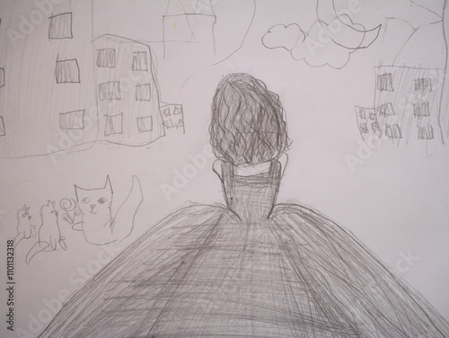 Pencil sketch of a woman in a dress with a cityscape and cats in the background. photo