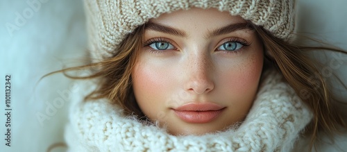 Fashion model with blue eyes wearing a cozy white sweater and knitted hat poses elegantly with a serene expression in a winter setting. photo