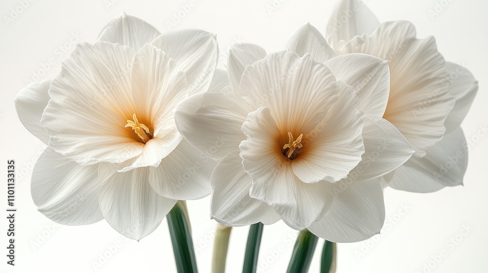 Obraz premium Double white narcissus flowers elegantly arranged against a soft white background showcasing their delicate petals and vibrant centers.