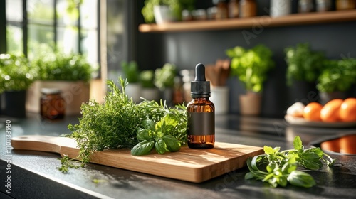 Fresh herbs and an amber bottle are arranged on a cutting board in a warmly lit kitchen filled with greenery photo