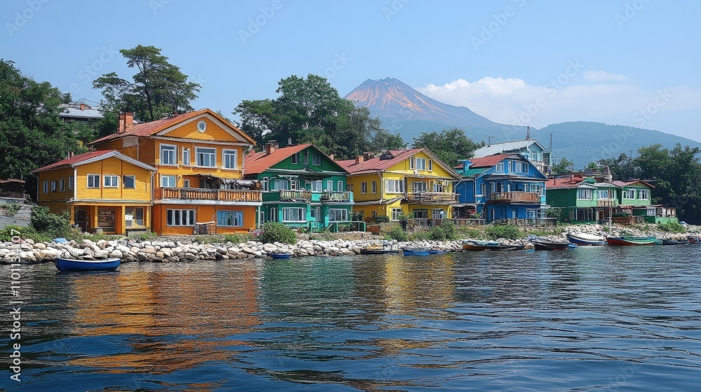 Obraz premium Colorful waterfront houses with a mountain backdrop under a clear blue sky.
