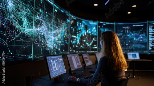 Wallpaper Mural Data analyst working in high tech control room with multiple screens displaying complex data visualizations and graphs. atmosphere is focused and innovative Torontodigital.ca