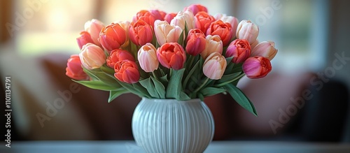 Wallpaper Mural Beautiful arrangement of colorful tulips and roses in an elegant white vase enhancing a cozy interior atmosphere. Torontodigital.ca