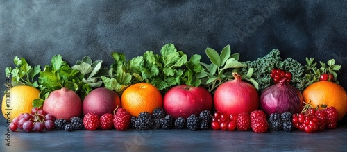 Colorful assortment of fresh fruits vegetables and herbs arranged against a dark blue backdrop perfect for holiday themed designs and promotions photo