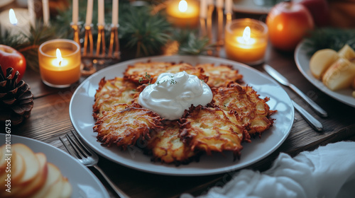 A plate of traditional golden latkes, served with sour cream and apple sauce on the side, placed on a wooden table with simple decorations such as menorah candles and a white tablecloth, AI generated  photo