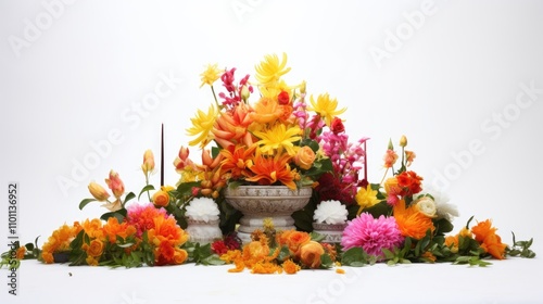 Colorful floral arrangement for worship in a temple setting representing religious devotion and spiritual significance on a white background photo