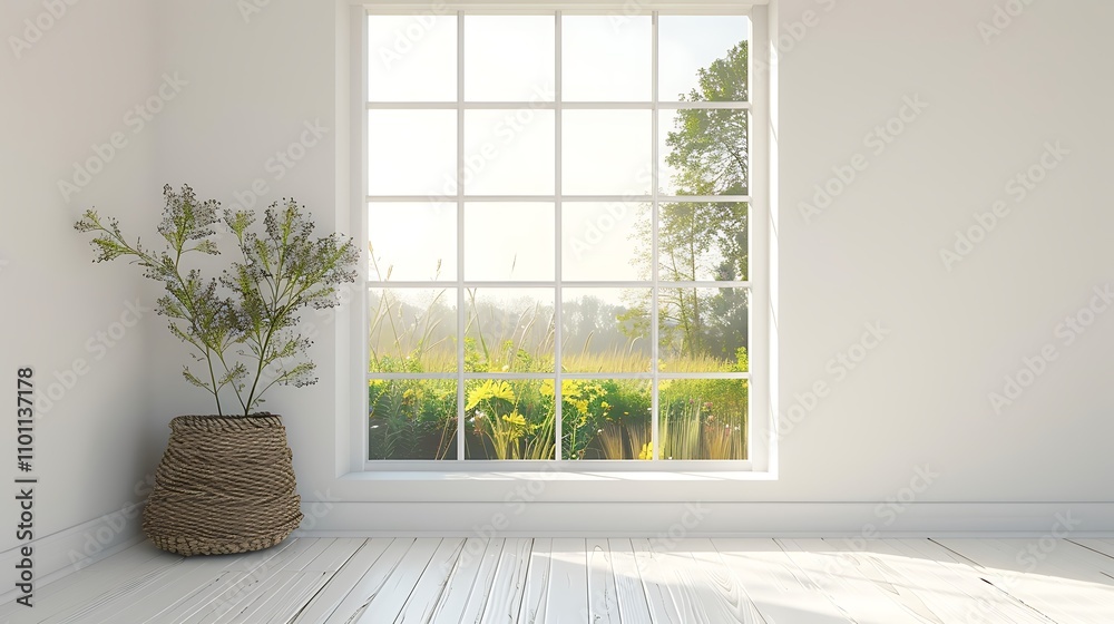 Fototapeta premium Scandinavian white room, window with summer landscape, minimalist home design, copy space, 3D rendering.