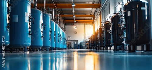 Large blue and black storage tanks line the floor of a well-lit industrial facility, reflecting the bright lights above in a professional setting