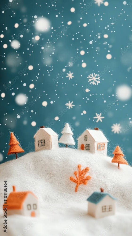 Fototapeta premium Miniature wool felt snow scene with houses and trees