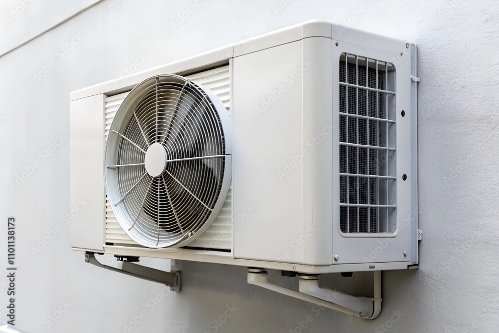 Close-up of a modern air conditioner unit mounted on a white wall
