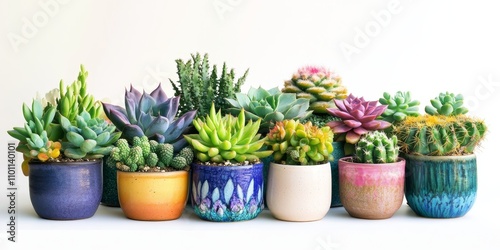 Wallpaper Mural Succulent potted plants and cacti create a modern composition in a vibrant home garden. This home garden features a variety of succulents in stylish hipster pots against a white background. Torontodigital.ca