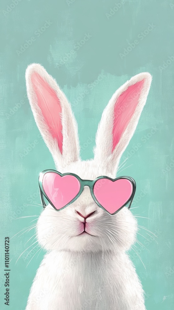 Fototapeta premium Vector art of funky bunny in heartshaped sunglasses on mint background