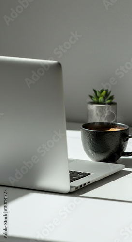 Contemporary home office setup featuring minimalist desk arrangement with laptop, designer coffee cup and concrete planter. Clean, professional workspace bathed in soft natural lighting