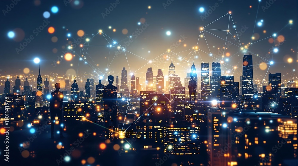 Fototapeta premium Abstract Silhouettes Overlooking Futuristic Cityscape at Night. Generator AI
